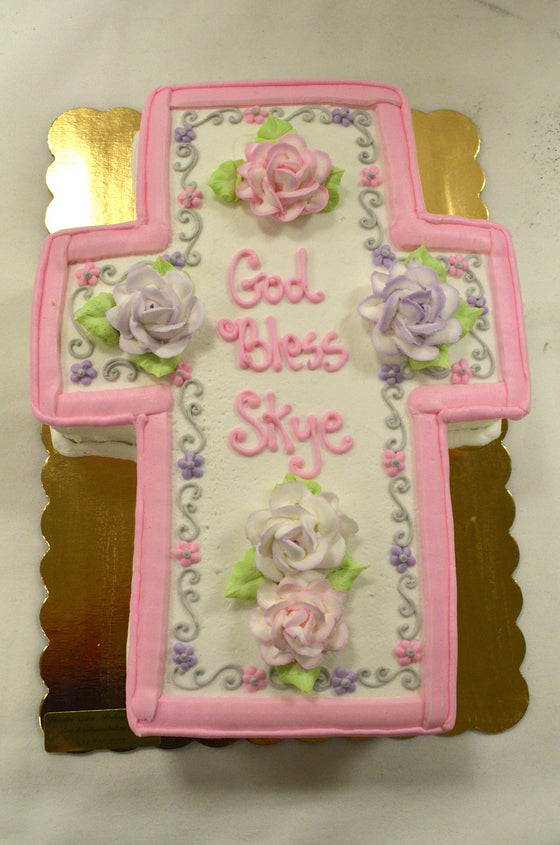 Cross cut out Cake with Flourish & Tipped Roses Cake