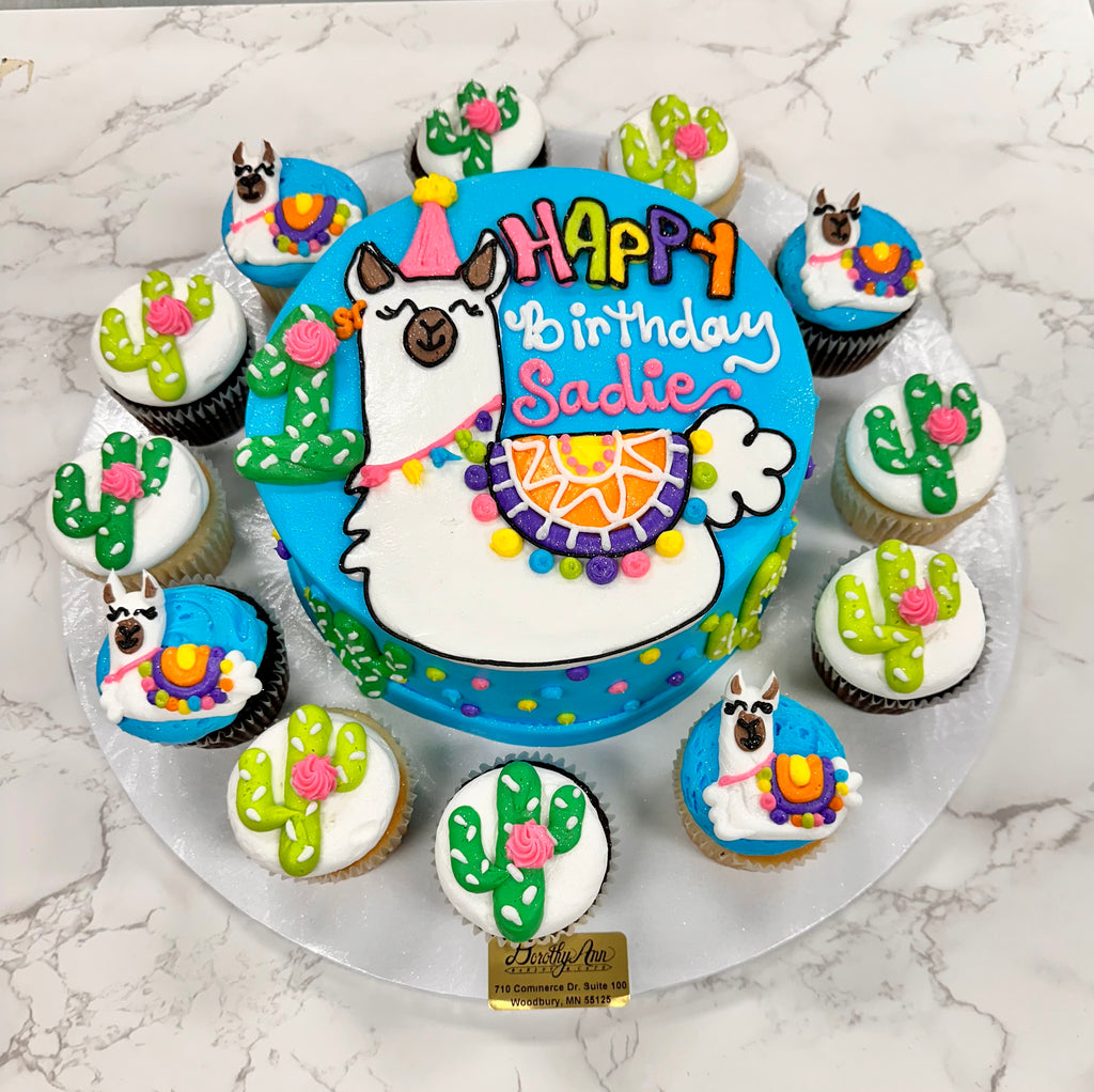 Llama and Cactus Fiesta Design Cake 8 inch Cake w/ 12 cupcakes