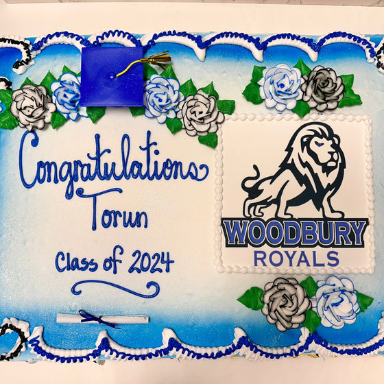 School Logo Edible Image Floral Style Graduation Cake