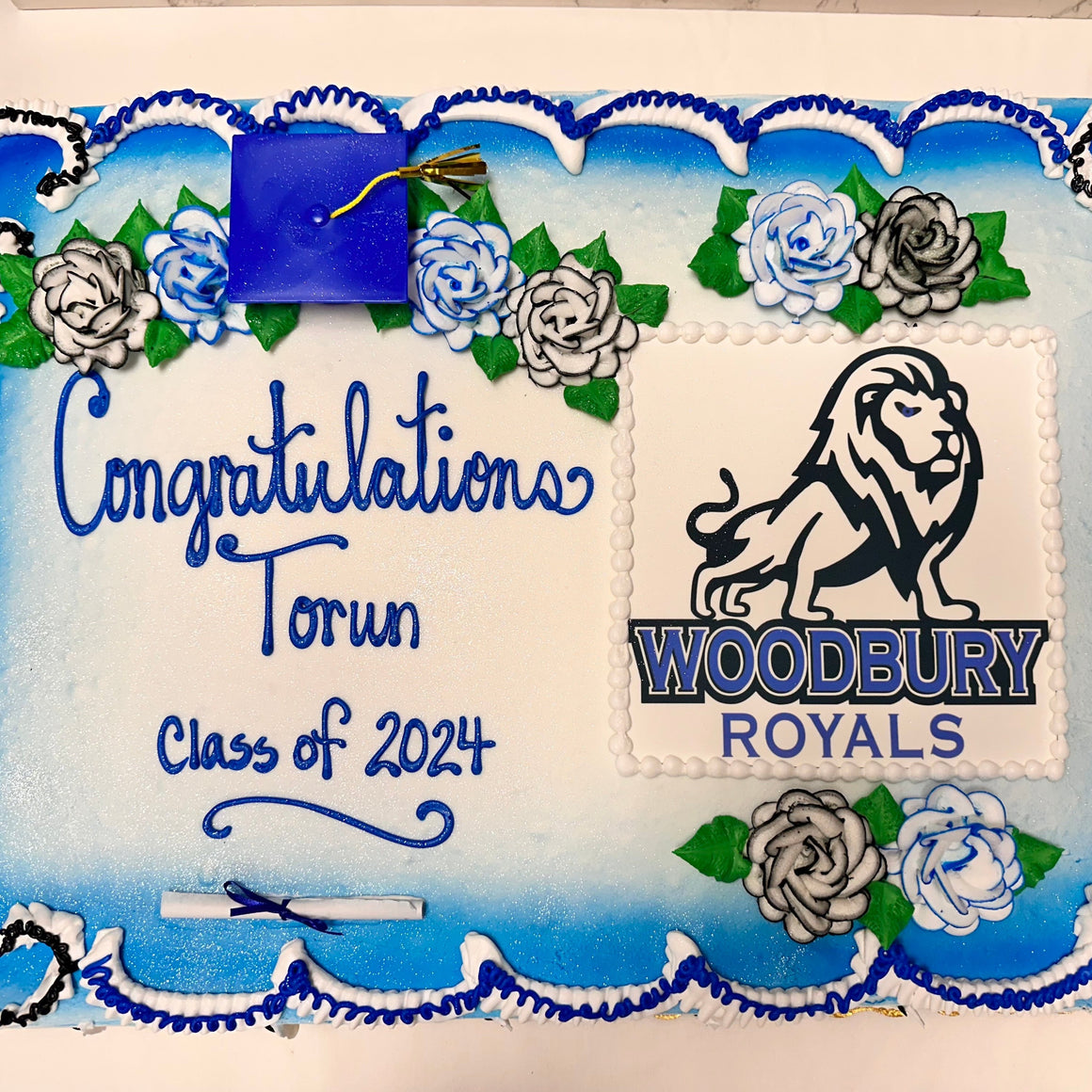 School Logo Edible Image Floral Style Graduation Cake