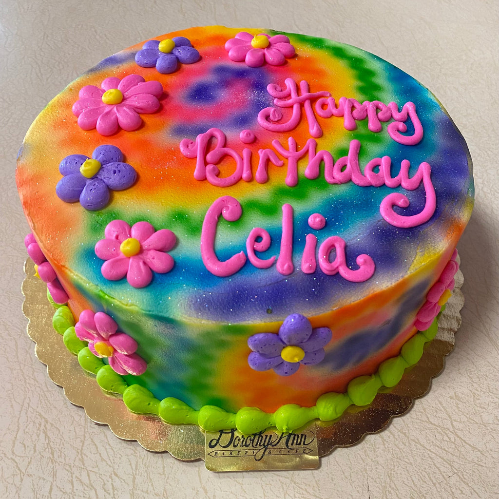 Tie Dye & Puffy Flowers Round Cake