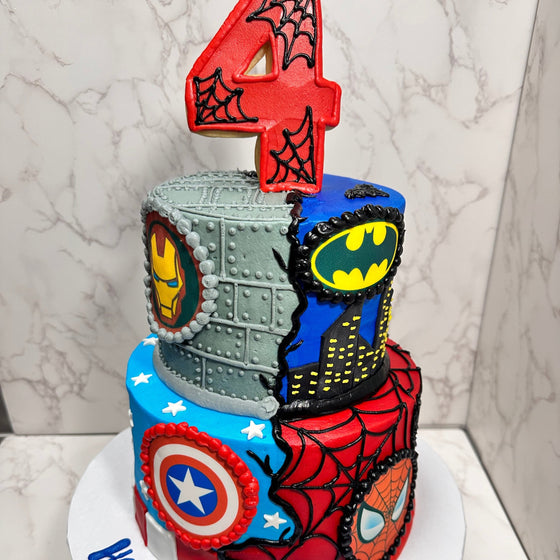 Superhero Tiered Cake with cookie number