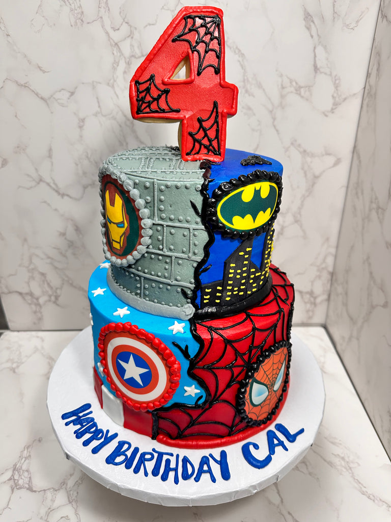 Superhero Tiered Cake with cookie number