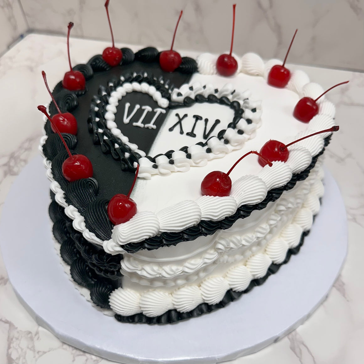 Double Layer 9" Heart Shaped Cake "Black and White w/Cherries"