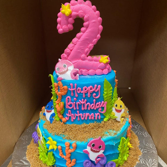 Baby Shark Tiered Cake with cookie number