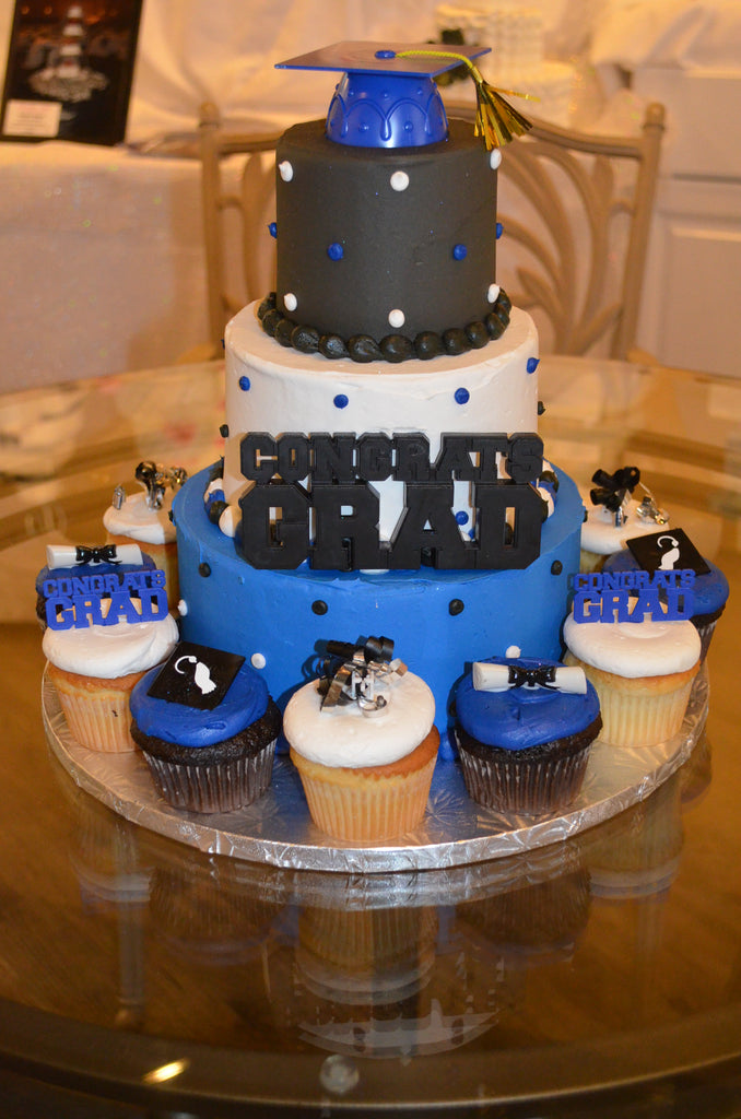 Graduation Tower Cake 8-6-4" (serves 25-30 + 12 cupcakes) (Require 7-10 days notice)