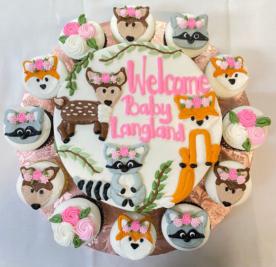 Floral Woodland Animals 7 inch Cake w/ 12 cupcakes