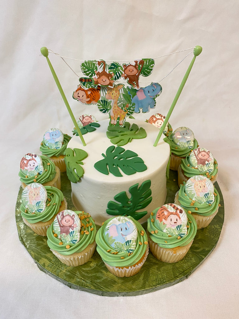 Baby Jungle Animal Banner 7 inch Cake w/ 12 cupcakes
