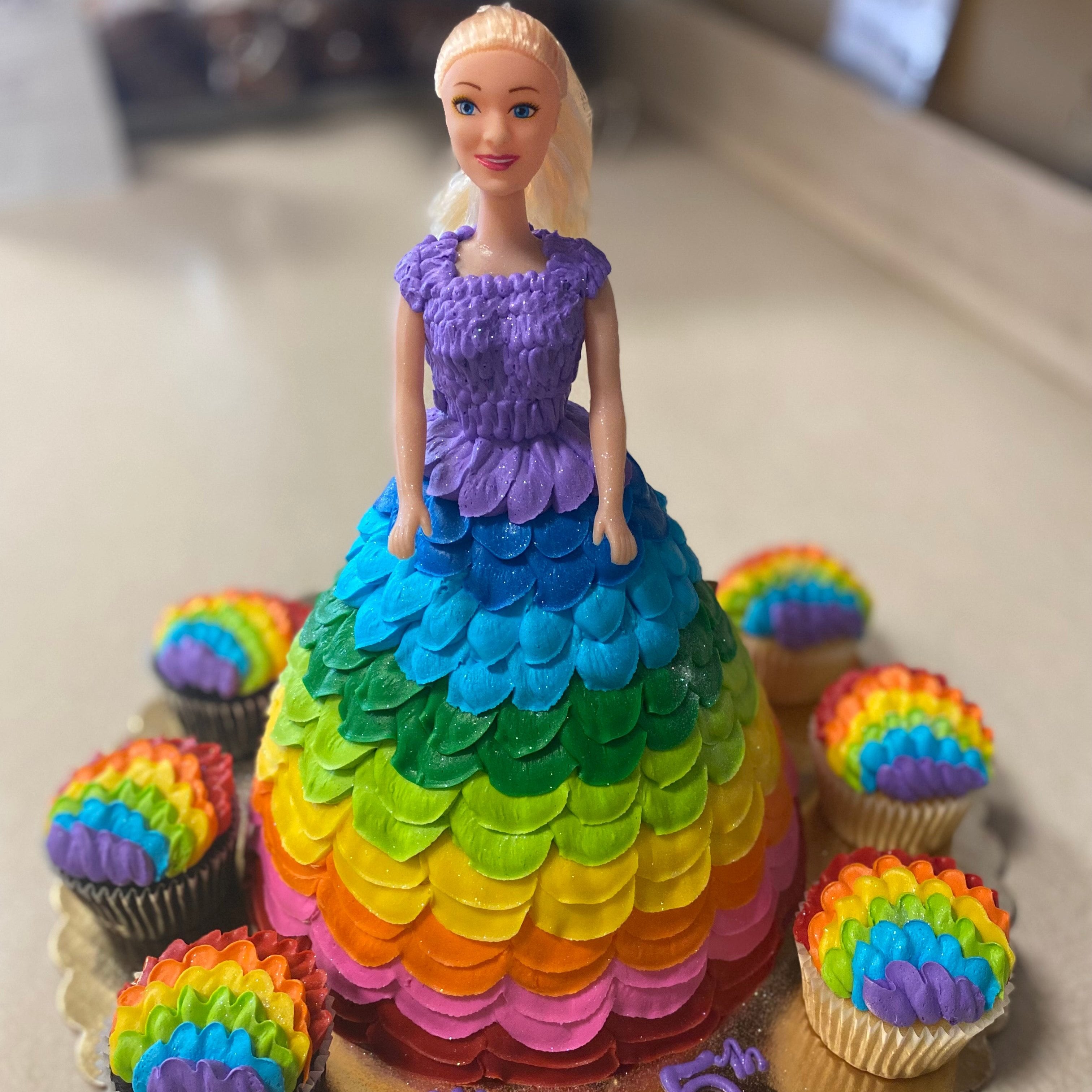 Doll Cake with "Rainbow Ruffle" Dress - Dorothy Ann Bakery & Cafe Doll Cake with "Rainbow Ruffle" Dress - Dorothy Ann Bakery & Cafe