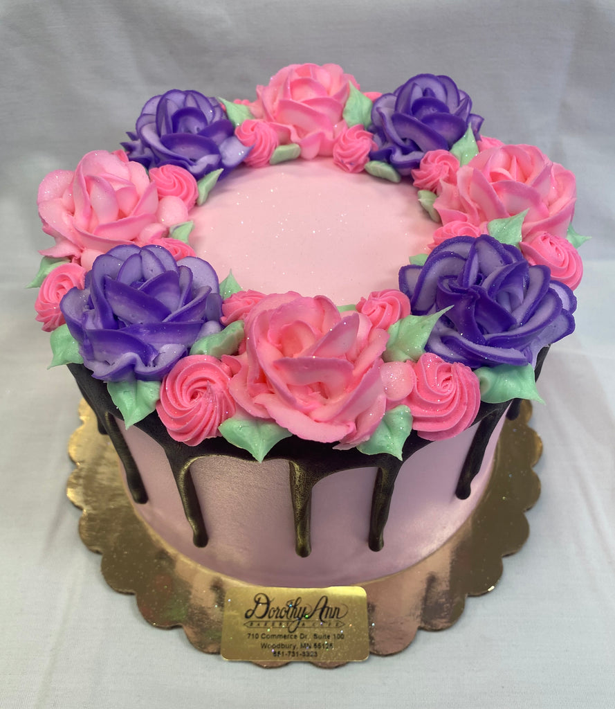 Tipped Rose Wreath with Chocolate Drip 6" Round Cake