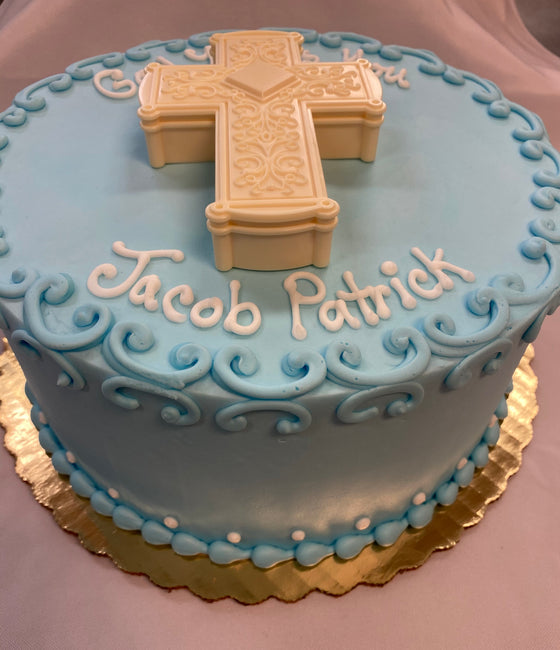 Cross Keepsake Box with Jacob Border, 8" Round Cake