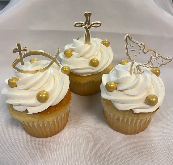 Religious Cupcakes - Gold and Clear Picks with Sixlets