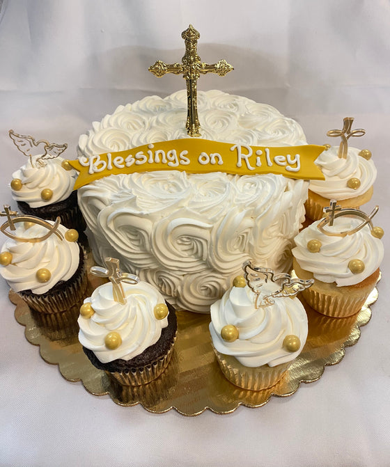 7" Country Rose Design Cake with Gold Plastic Cross & Surrounding Cupcakes