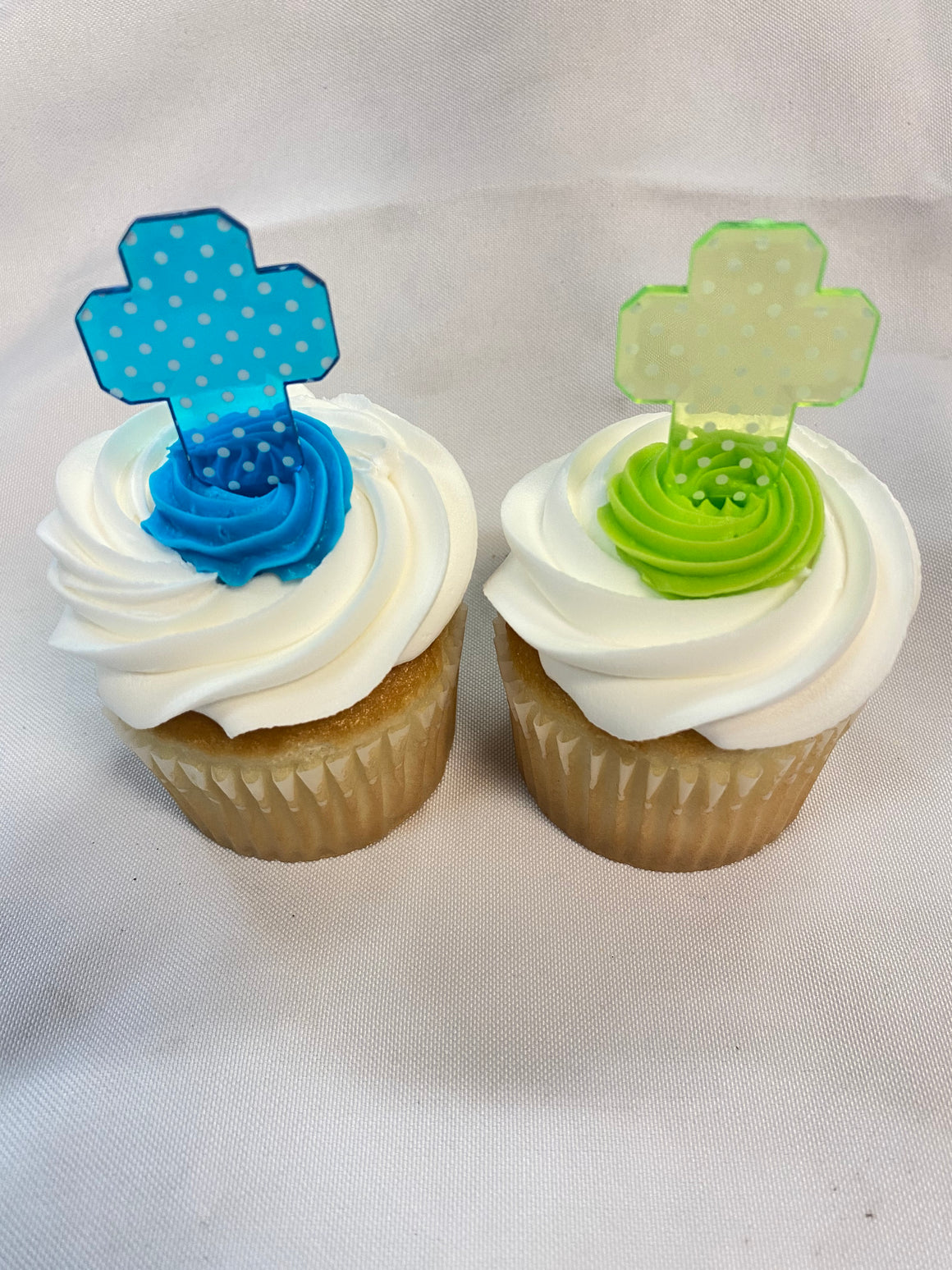 Religious Cupcakes - Lime Green & Bright Blue Crosses