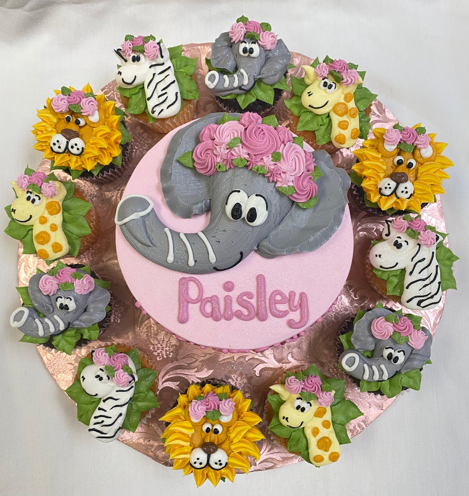 Floral Jungle Animals 7 inch Cake w/ 12 cupcakes