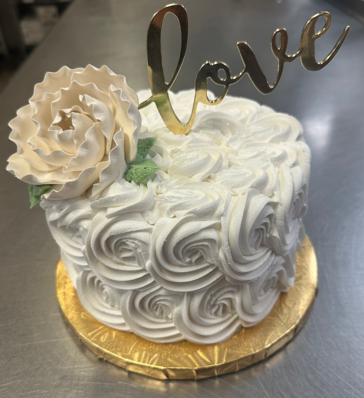 Country Rose with "Love" Topper and Gum Paste Flower 6" Round Cake