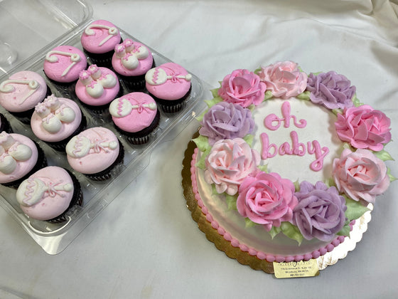 "Baby Shower Combo" Pink Rose Wreath Cake with Mini Cupcakes