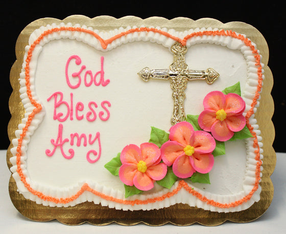 Gold Cross with  Flat Flowers Cake